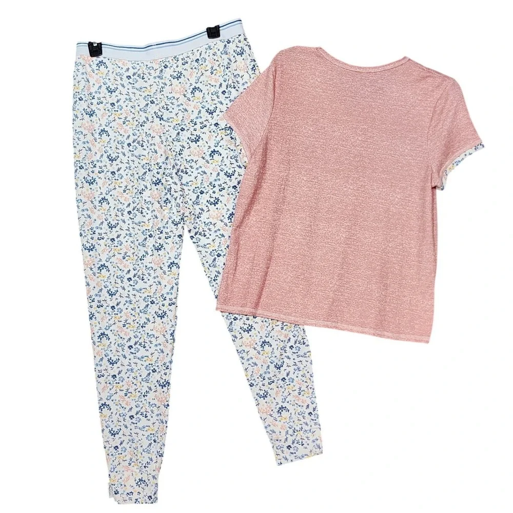 Roudelain Pajama Set Pink Waffle Knit Floral Joggers NWT Medium Loungewear
